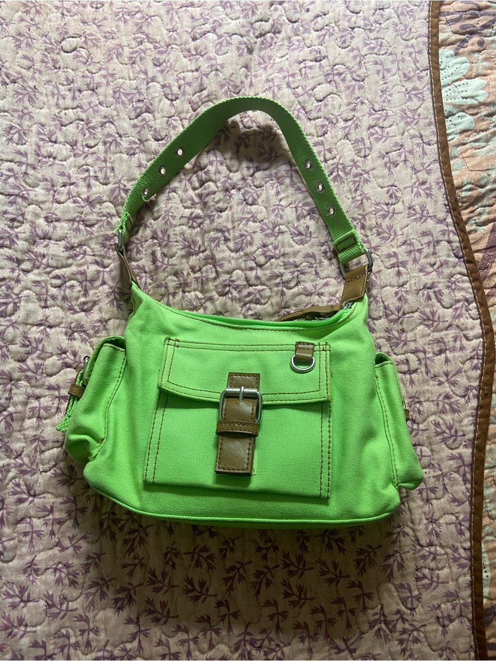 2000s Chateau Lime Green Canvas small Shoulder Bag with Brown Trim